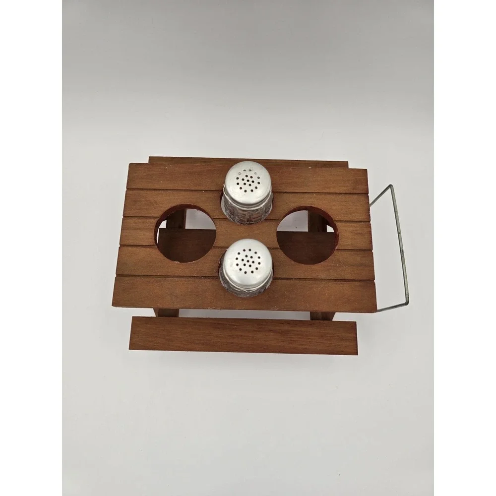 Wooden Picnic Table Condiment Caddy Salt and Pepper Shakers Napkin Holder VTG